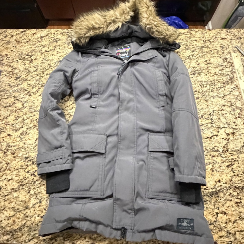 TNA Aritzia Bancroft Parka Gray Down Filled Faux Fur Hood Winter Coat Medium